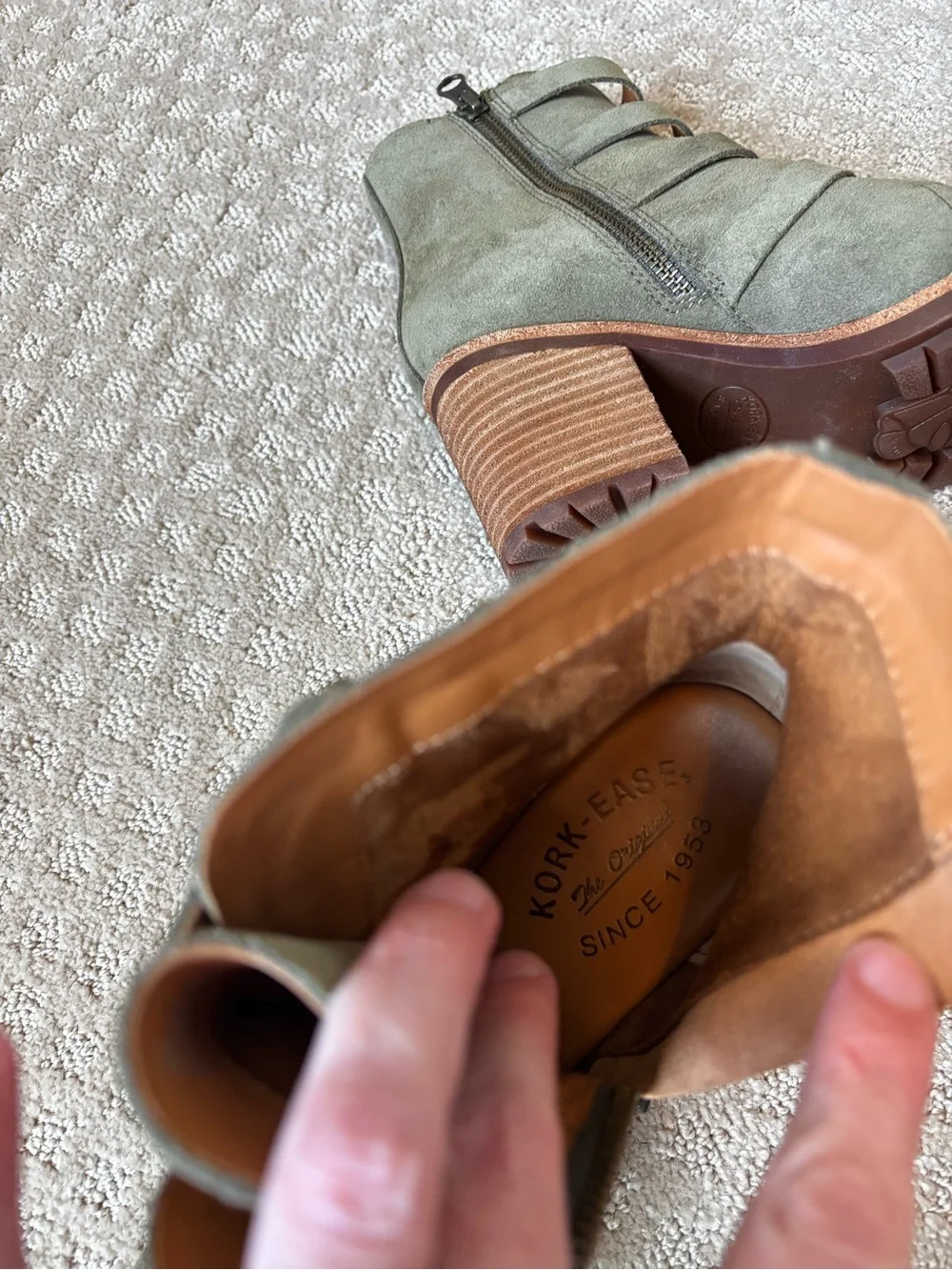Kork-Ease Dee Hiker Grey-Green Suede Heeled Bootie